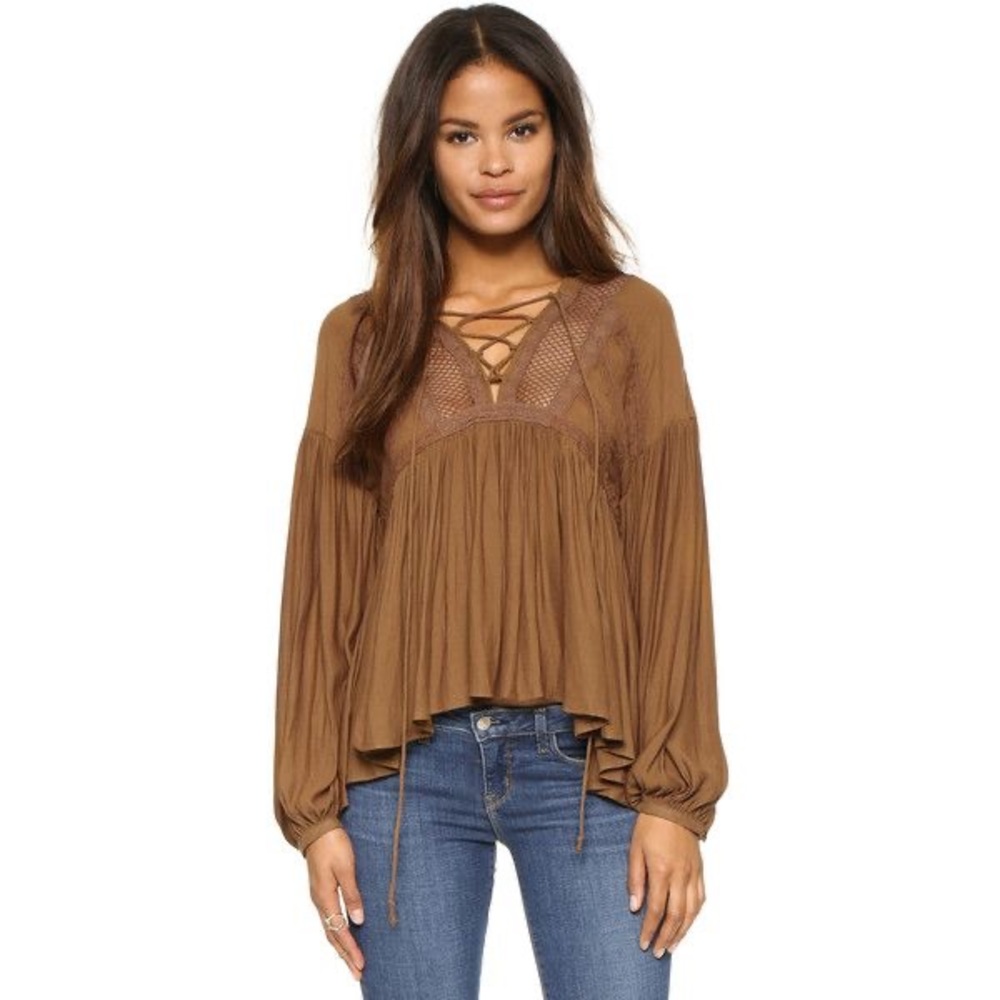 Free People Brown Lace Up Peasant Top